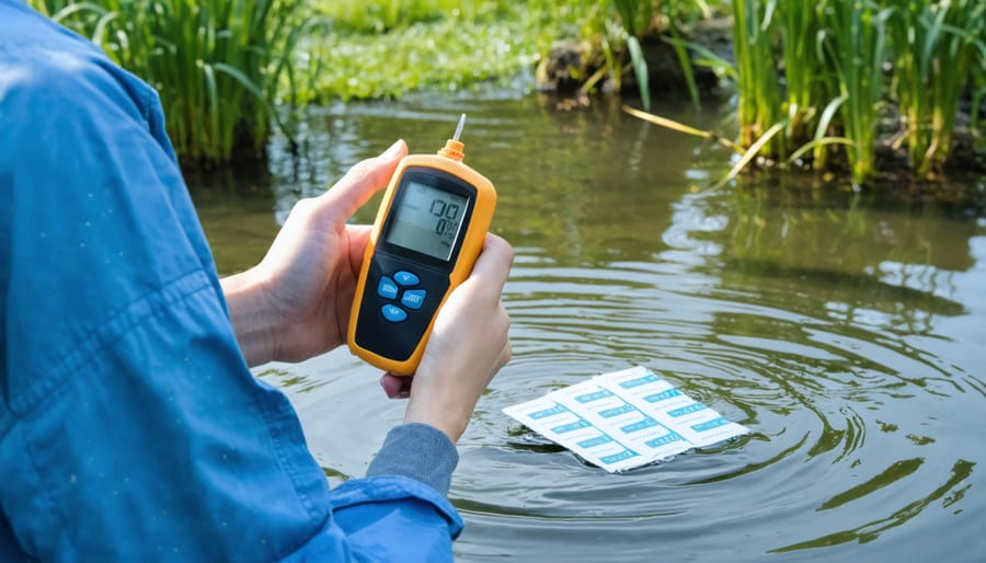 Pond owner using water testing equipment to check water parameters