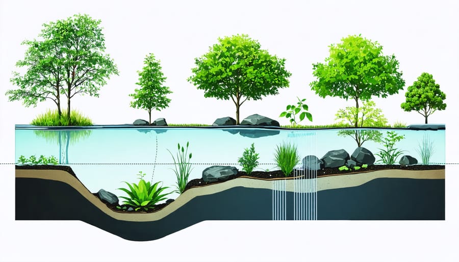 Illustrated cross-section of a pond showing shallow margins, deep water zone, and plant shelf arrangements