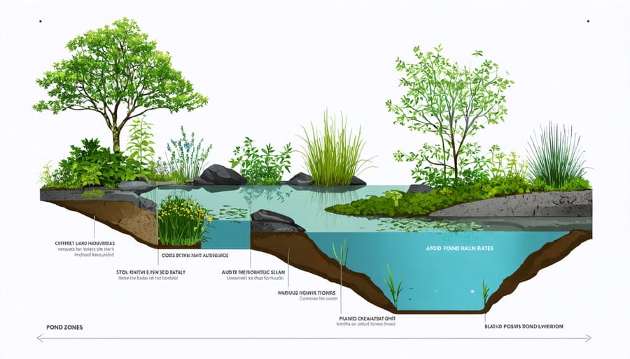 Illustrated cross-section of a pond showing marginal, floating, and submerged plant zones