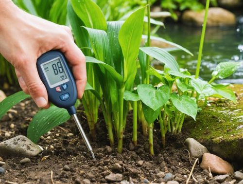 "Hand inserting a digital moisture meter into soil near water garden, displaying optimal moisture levels, surrounded by healthy plants and a tranquil pond."