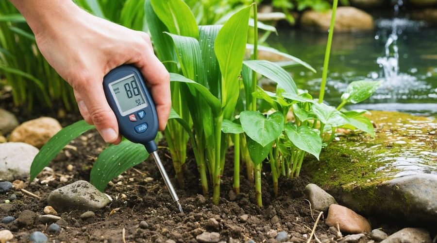 "Hand inserting a digital moisture meter into soil near water garden, displaying optimal moisture levels, surrounded by healthy plants and a tranquil pond."