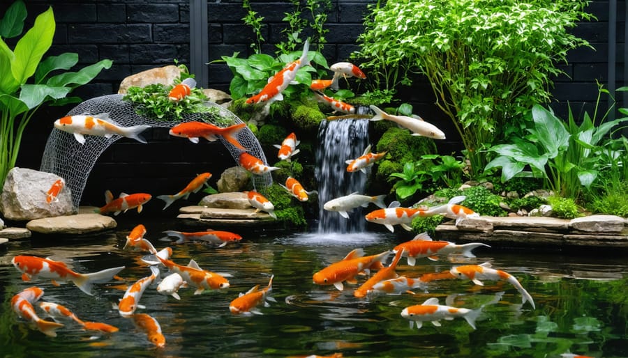 Healthy koi pond showing floating and submerged plants protected by mesh barriers with koi swimming beneath