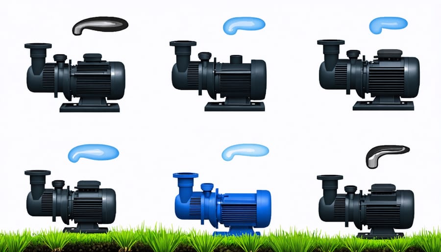 Comparison of submersible, external, and solar-powered pond pumps with feature annotations