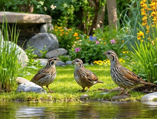 A backyard transformed into a quail-friendly habitat, showcasing native grasses, wildflower patches, and shallow water sources, with quail foraging and finding shelter among natural cover like brush piles and rocks.