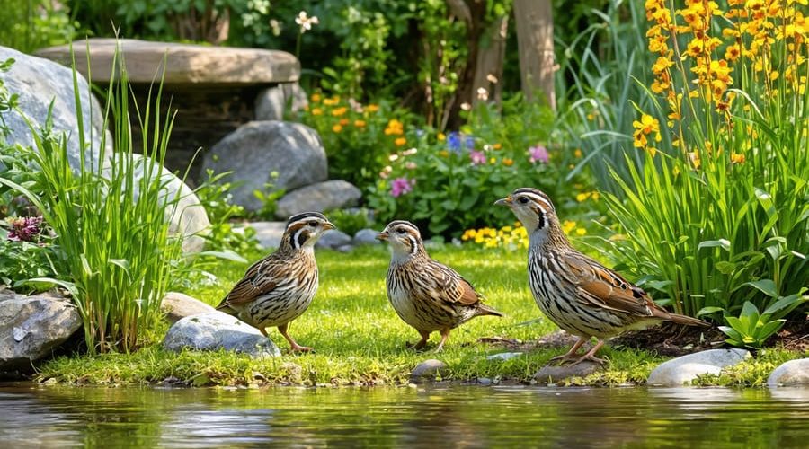 A backyard transformed into a quail-friendly habitat, showcasing native grasses, wildflower patches, and shallow water sources, with quail foraging and finding shelter among natural cover like brush piles and rocks.