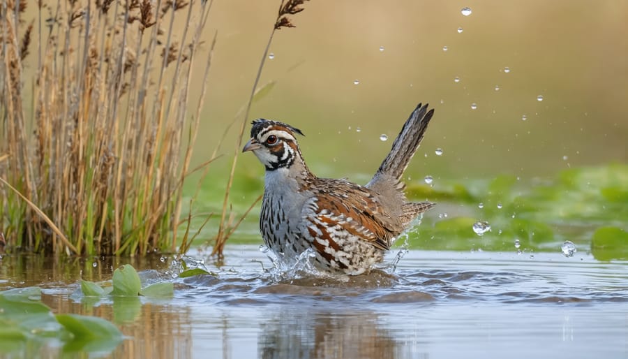 Northern bobwhite quail drinking from a shallow water source with protective ground cover nearby