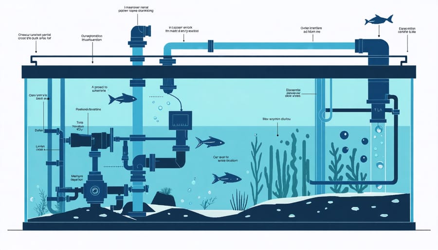 Complete quarantine tank setup showing filtration, heating, and monitoring equipment