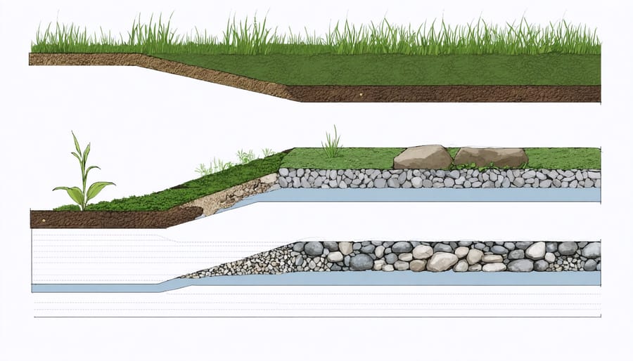 Cross-section illustration of rain garden construction with soil layers and plant placement for quail habitat