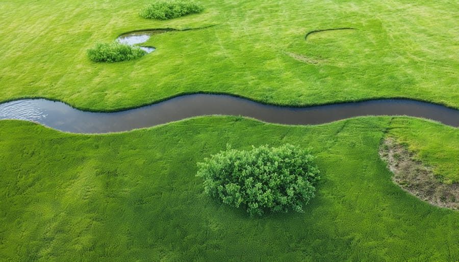 Bird's eye view of restored prairie grassland with small pond and diverse vegetation patterns