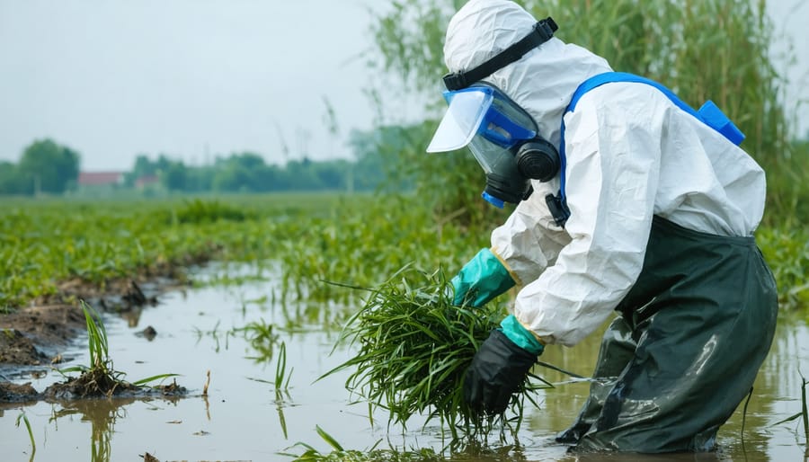 Pond maintenance worker wearing safety gear while treating aquatic plants with approved chemicals