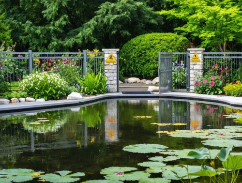 A safe and secure garden pond with protective fencing, bright lights, and clear safety signs enhancing both beauty and safety in a backyard setting.