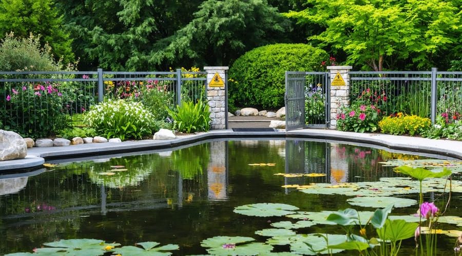 A safe and secure garden pond with protective fencing, bright lights, and clear safety signs enhancing both beauty and safety in a backyard setting.