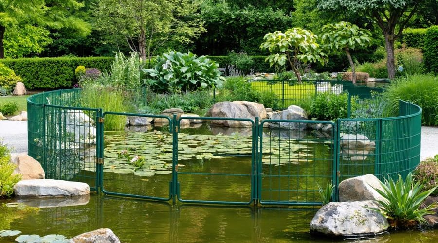 A tranquil garden pond secured by decorative yet sturdy fencing, with a child-proof gate and visible rescue equipment, illustrating the blend of safety features and natural beauty.