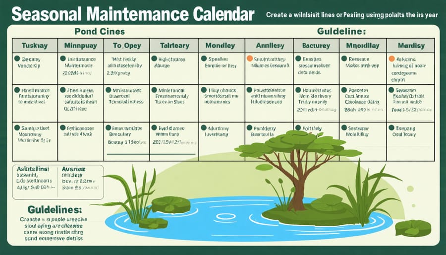 Infographic showing seasonal pond maintenance tasks and timing