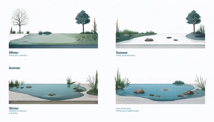 Side-by-side comparison showing pond maintenance tasks in summer versus winter seasons