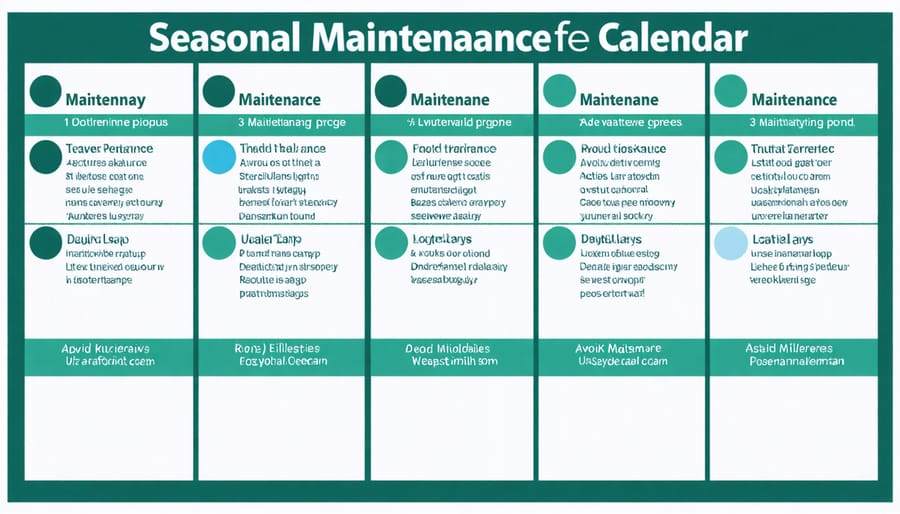 Visual guide showing seasonal maintenance tasks for waterfall pond upkeep