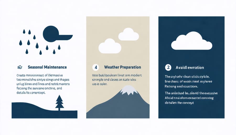 Visual checklist of seasonal pond maintenance activities with weather preparation guidelines