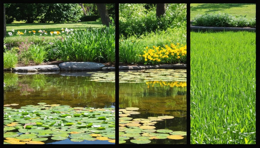 Four-panel image showing the same pond edge during different seasons