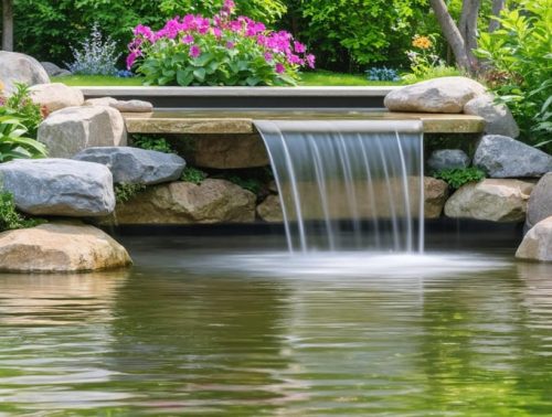 A tranquil garden with a central water feature where water gently cascades over stones into a pond, surrounded by lush greenery and flowers.