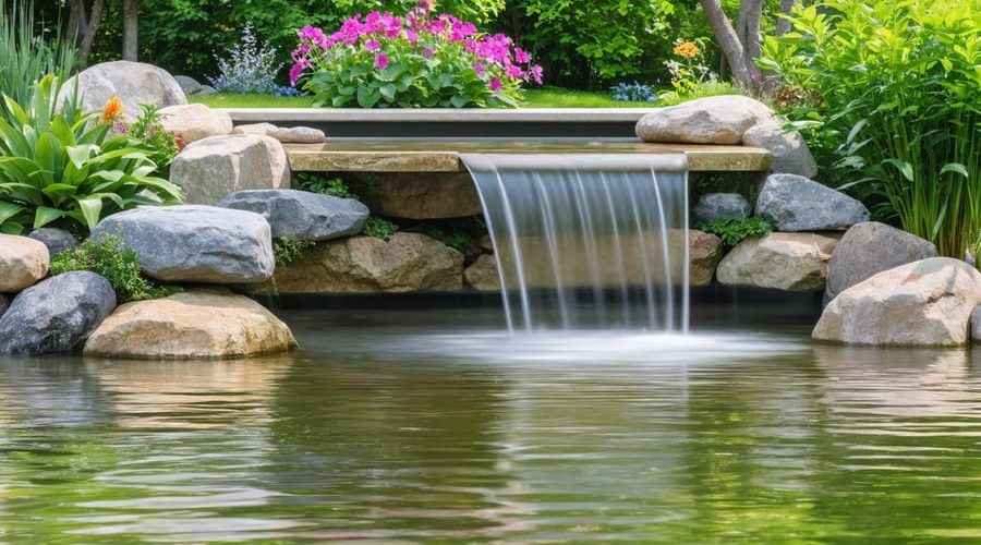 A tranquil garden with a central water feature where water gently cascades over stones into a pond, surrounded by lush greenery and flowers.