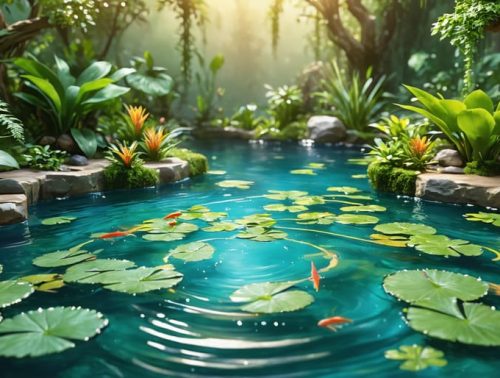 An illustration of a lively pond ecosystem with visible water circulation patterns, depicting healthy fish and plants thriving due to effective water movement.