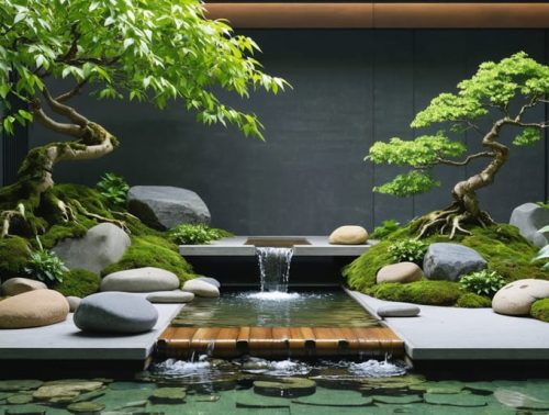 A serene zen pond with smooth stones, a bamboo fountain, and minimalistic greenery, showcasing asymmetrical design and tranquil water.