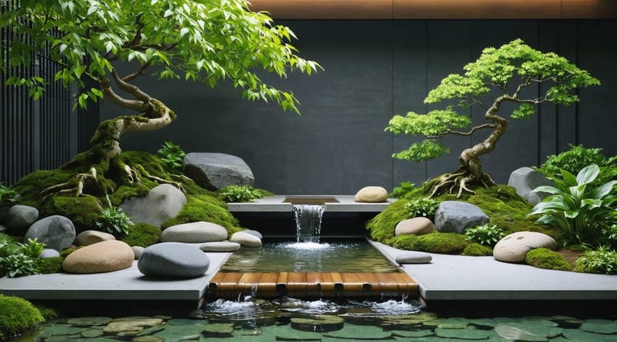 A serene zen pond with smooth stones, a bamboo fountain, and minimalistic greenery, showcasing asymmetrical design and tranquil water.