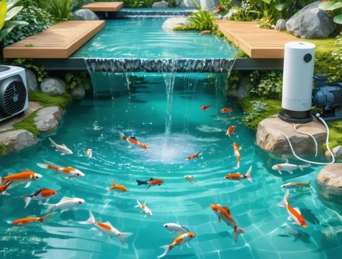 Illustrative depiction of a small backyard pond with crystal-clear water, featuring modern smart filtration technology that includes various components like mechanical and biological filters, energy-efficient pumps, and app connectivity; highlighting a balanced ecosystem with thriving fish and plants.