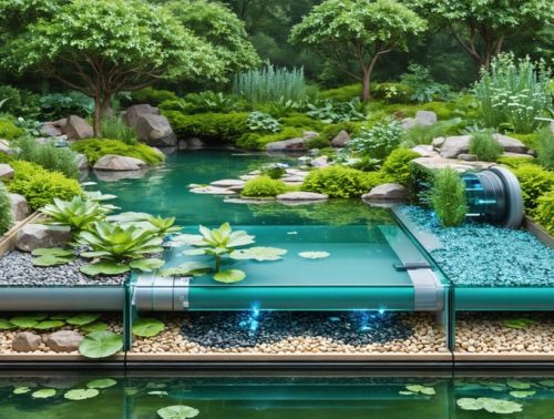 A picturesque pond illustrating a hybrid filtration system, combining a bog garden with mechanical filters, surrounded by vibrant aquatic plants and clear water.