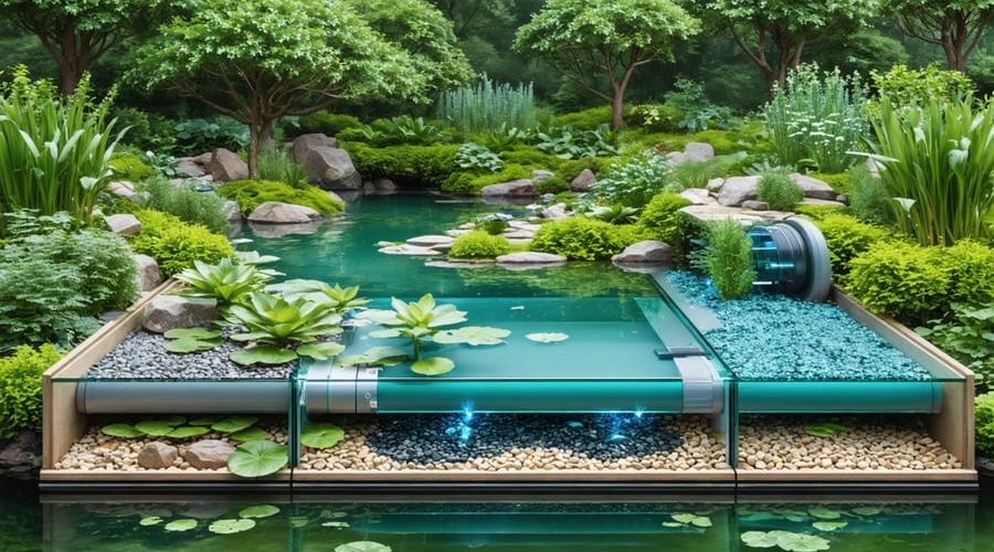 A picturesque pond illustrating a hybrid filtration system, combining a bog garden with mechanical filters, surrounded by vibrant aquatic plants and clear water.