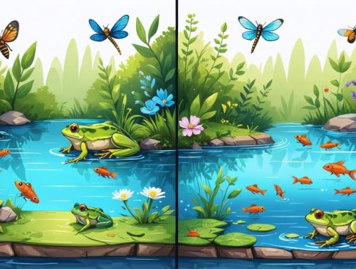 Illustration of a pond showcasing the benefits of Integrated Pest Management, highlighting dragonflies, frogs, fish, and native plants in a balanced ecosystem.