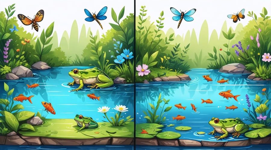 Illustration of a pond showcasing the benefits of Integrated Pest Management, highlighting dragonflies, frogs, fish, and native plants in a balanced ecosystem.