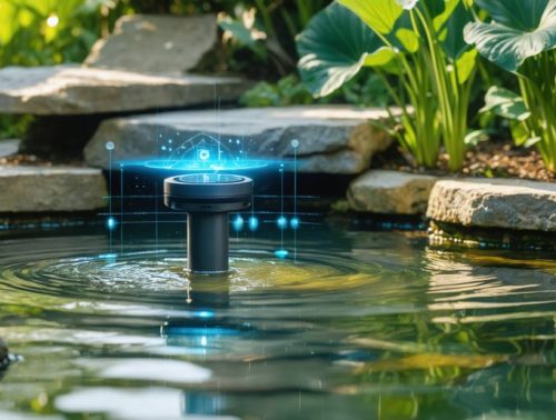 Serene backyard pond with smart irrigation technology, showcasing a sensor in the water, lush plants, and a digitally-enhanced environment to illustrate AI-assisted water management.