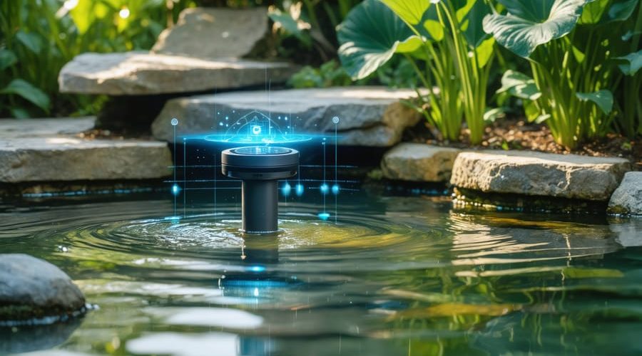 Serene backyard pond with smart irrigation technology, showcasing a sensor in the water, lush plants, and a digitally-enhanced environment to illustrate AI-assisted water management.