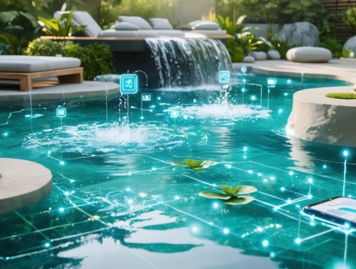 Modern backyard water garden with smart pond pump technology, showcasing a peaceful pond and digital icons representing connectivity and smartphone control.