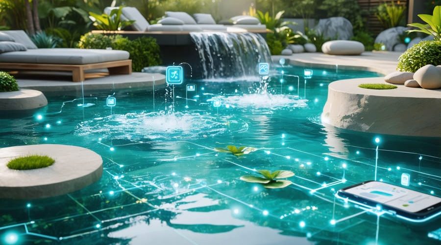 Modern backyard water garden with smart pond pump technology, showcasing a peaceful pond and digital icons representing connectivity and smartphone control.