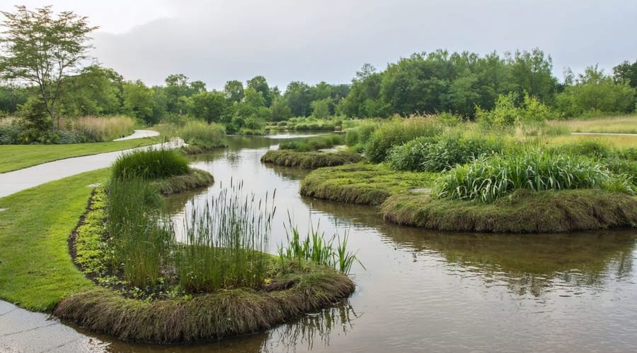 A rain pond with gently sloping banks, vibrant waterside plants, and a visible overflow system leading to a bioswale, depicting smart design for erosion control and ecological balance.