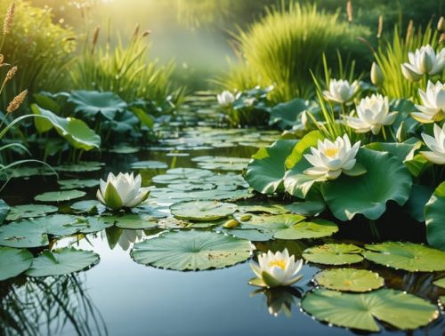 A vibrant water garden displaying a variety of water-efficient plants, including water lilies and rushes, across different water zones, emphasizing a sustainable and visually appealing landscape.