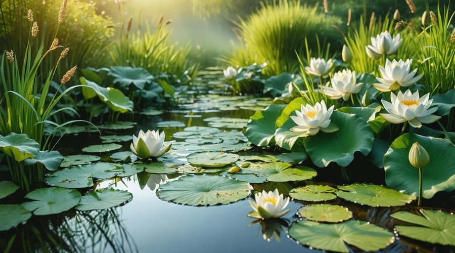 A vibrant water garden displaying a variety of water-efficient plants, including water lilies and rushes, across different water zones, emphasizing a sustainable and visually appealing landscape.