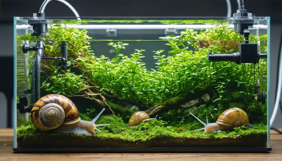 Fully equipped aquarium setup for breeding pond snails with plants, substrate, and filtration