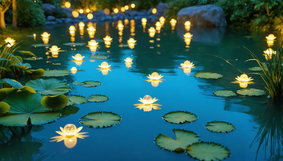 Nighttime view of a garden pond with glowing solar-powered floating lights reflecting on the water surface