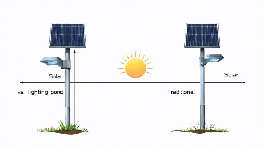 Side-by-side illustration comparing solar-powered and traditional pond lighting systems