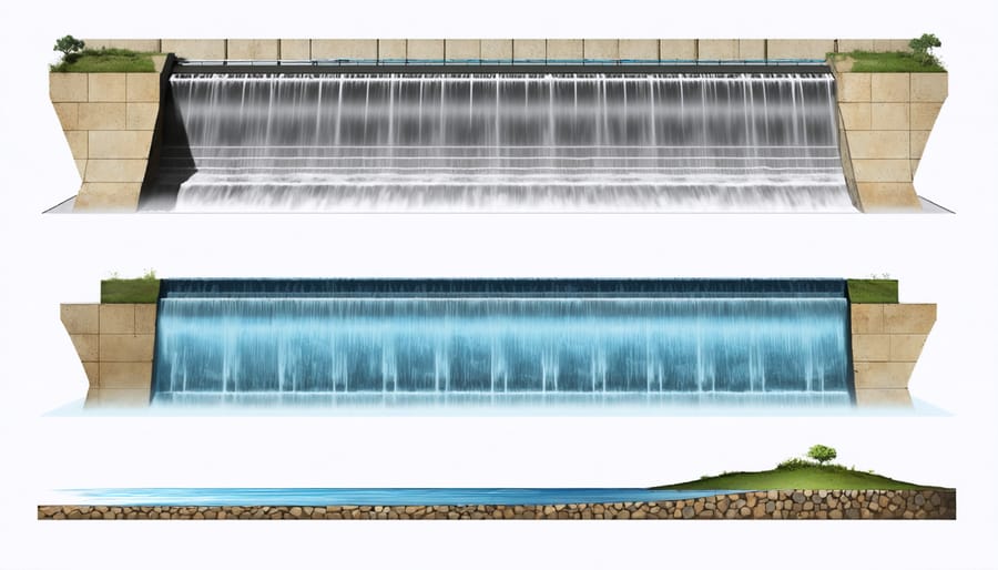 Four-panel image showing the progressive stages of installing a pond spillway