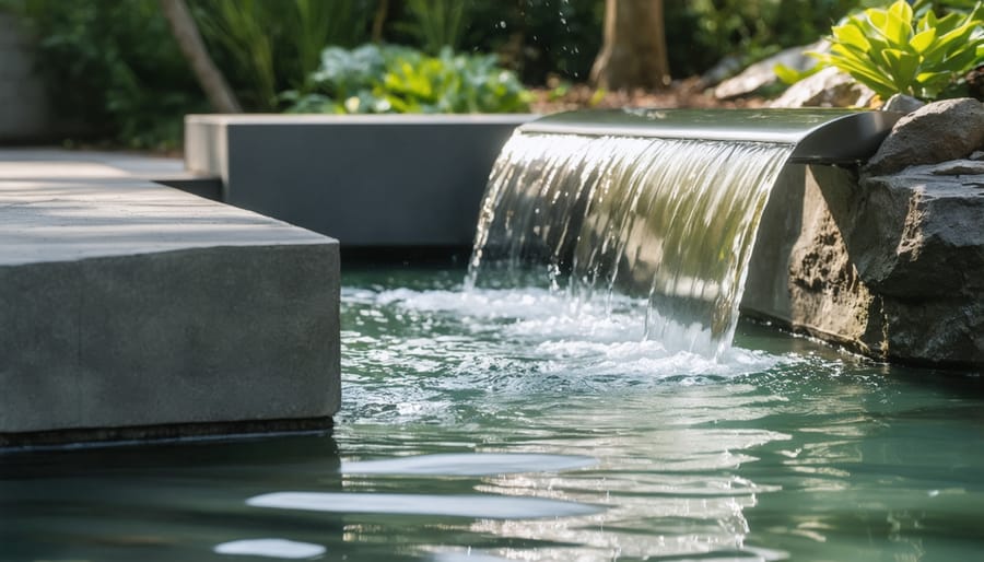 Stainless steel waterfall feature creating a natural cascade in a garden pond