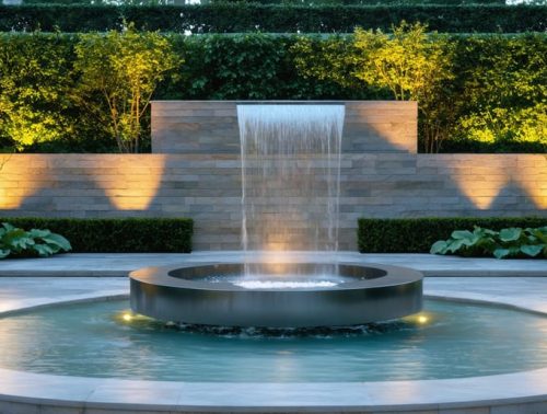 Captivating garden water fountain blending classical tiered stone elements with modern stainless steel accents, surrounded by vibrant greenery and gentle outdoor lighting.