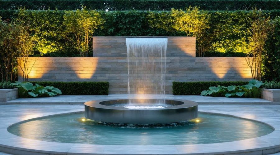 Captivating garden water fountain blending classical tiered stone elements with modern stainless steel accents, surrounded by vibrant greenery and gentle outdoor lighting.