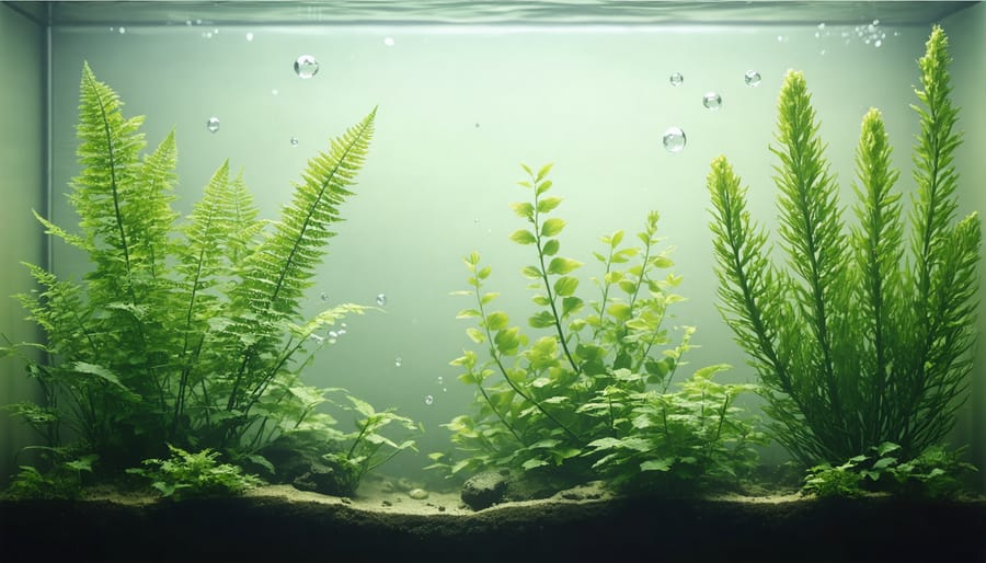 Various types of submerged pond oxygenating plants displayed side by side