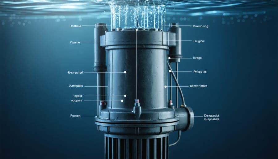 Detailed view of a water feature pump showing intake, motor, and output components