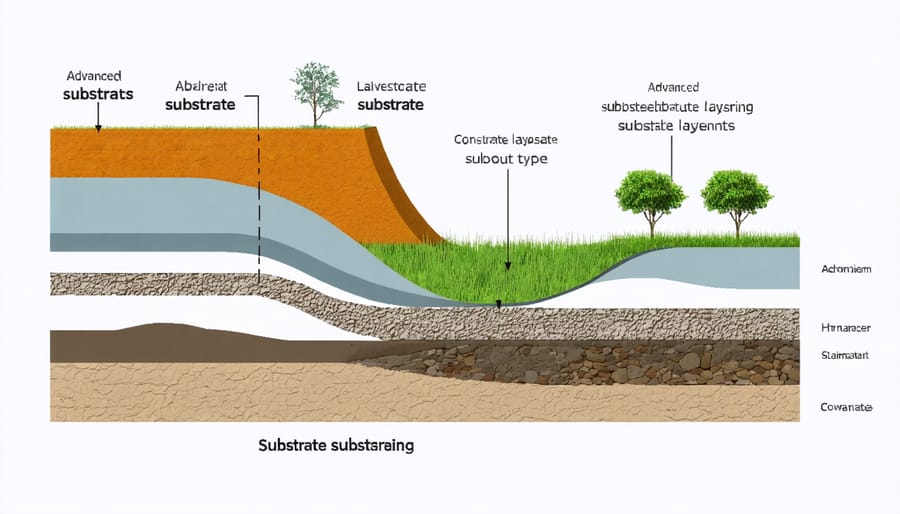 Detailed cross-section view of multi-layered aquarium substrate system