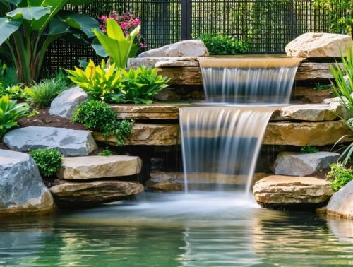 A tranquil backyard waterfall pond with water cascading over rocks surrounded by lush native plants, solar lights, and eco-friendly features emphasizing sustainable design.